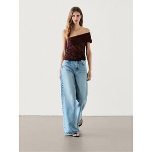Massimo Dutti Women Ribbed Top Medium Burgundy Asymmetric Neckline 6240/936 NWT